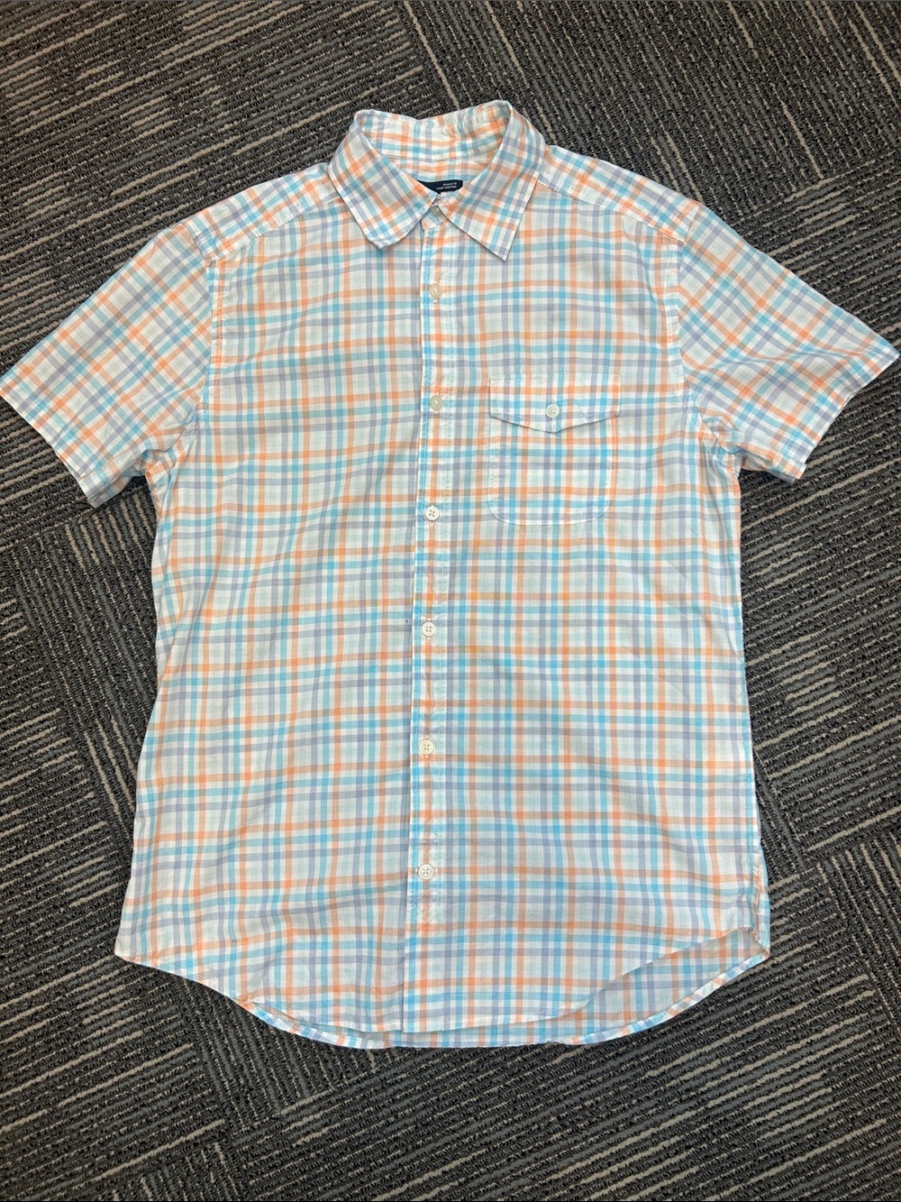 GAP Short-Sleeve Plaid Button-Down in Light Blue & Orange